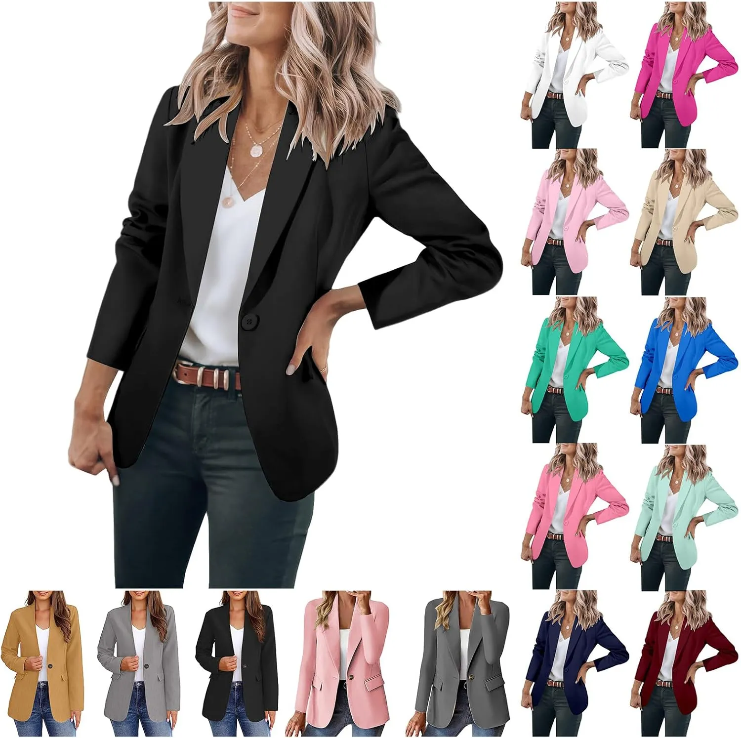 Women's Blazers Casual Lightweight Work Office Blazer Button Long Sleeve Blazers Open Front Cardigan Suit Jacket