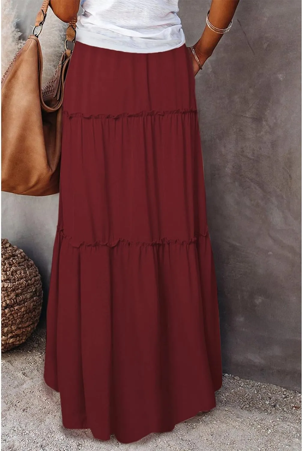 Womens Bohemian Long Maxi Skirt Elastic High Waist Flowy Swing A Line Ruffle Tiered Maxi Skirt Long Beach Skirts