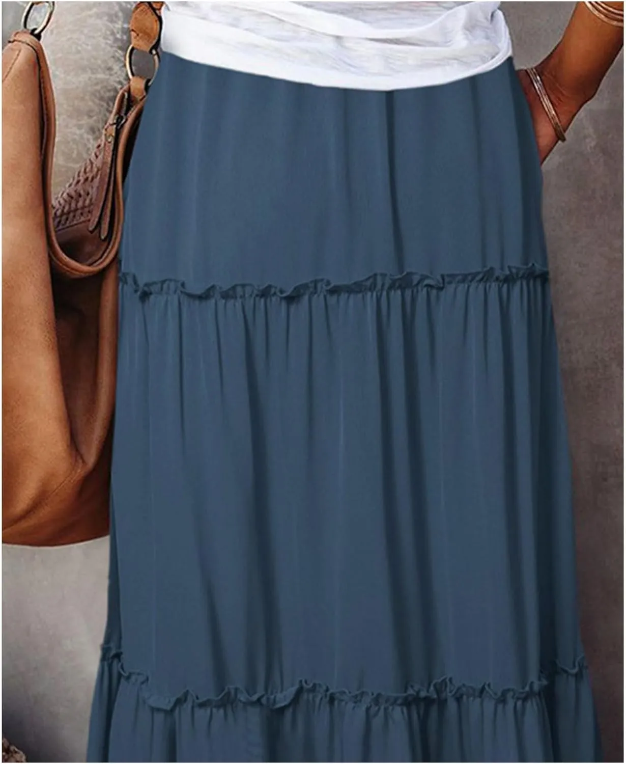 Womens Bohemian Long Maxi Skirt Elastic High Waist Flowy Swing A Line Ruffle Tiered Maxi Skirt Long Beach Skirts