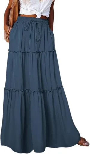 Womens Bohemian Long Maxi Skirt Elastic High Waist Flowy Swing A Line Ruffle Tiered Maxi Skirt Long Beach Skirts