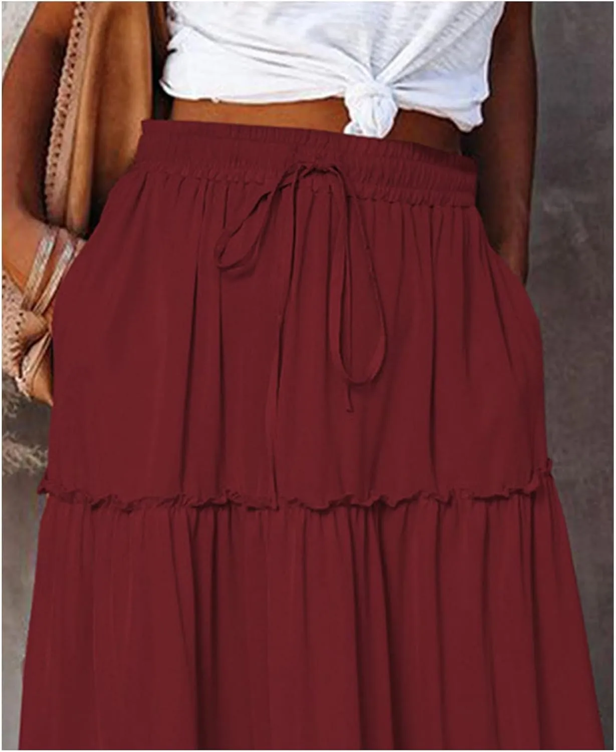Womens Bohemian Long Maxi Skirt Elastic High Waist Flowy Swing A Line Ruffle Tiered Maxi Skirt Long Beach Skirts