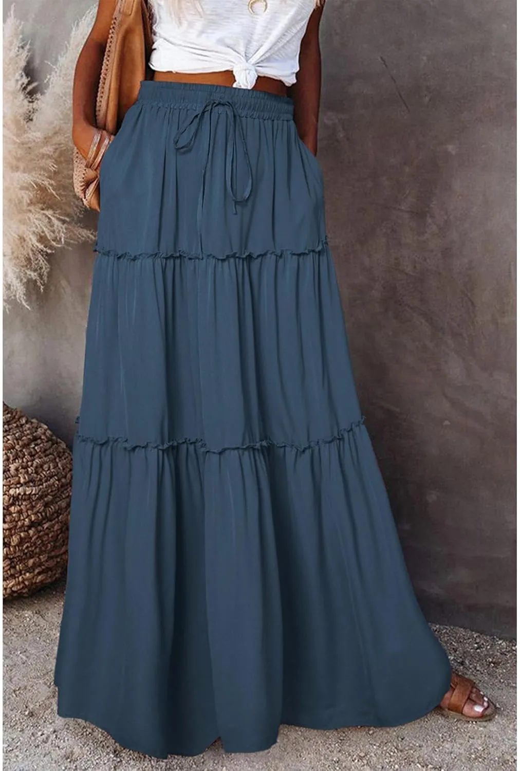 Womens Bohemian Long Maxi Skirt Elastic High Waist Flowy Swing A Line Ruffle Tiered Maxi Skirt Long Beach Skirts