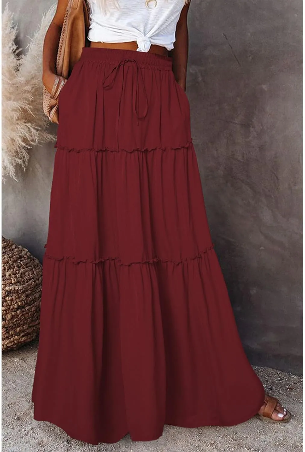 Womens Bohemian Long Maxi Skirt Elastic High Waist Flowy Swing A Line Ruffle Tiered Maxi Skirt Long Beach Skirts