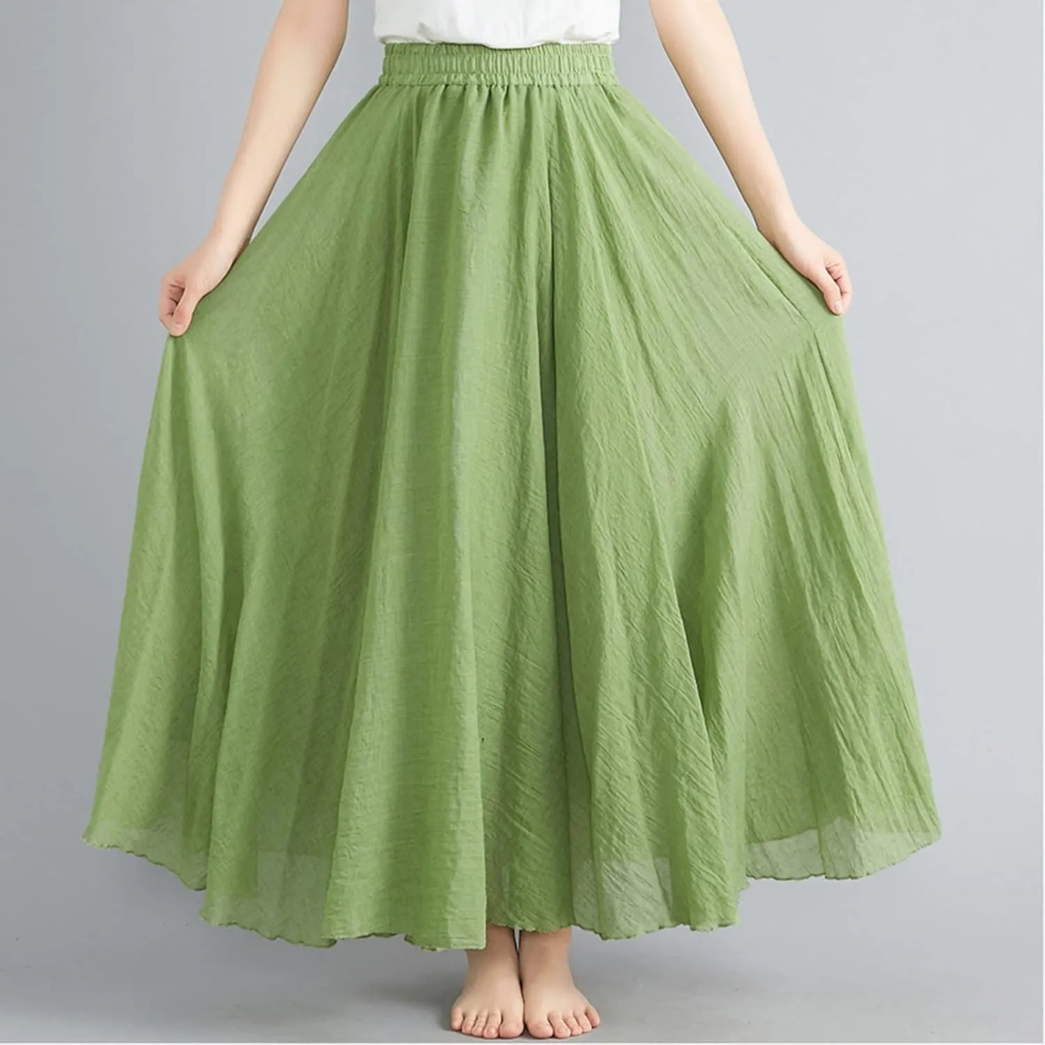Women's Bohemian Style Elastic Waist Band Flowy Full Circle Cotton Linen Long Maxi Casual Beach Skirt Dress