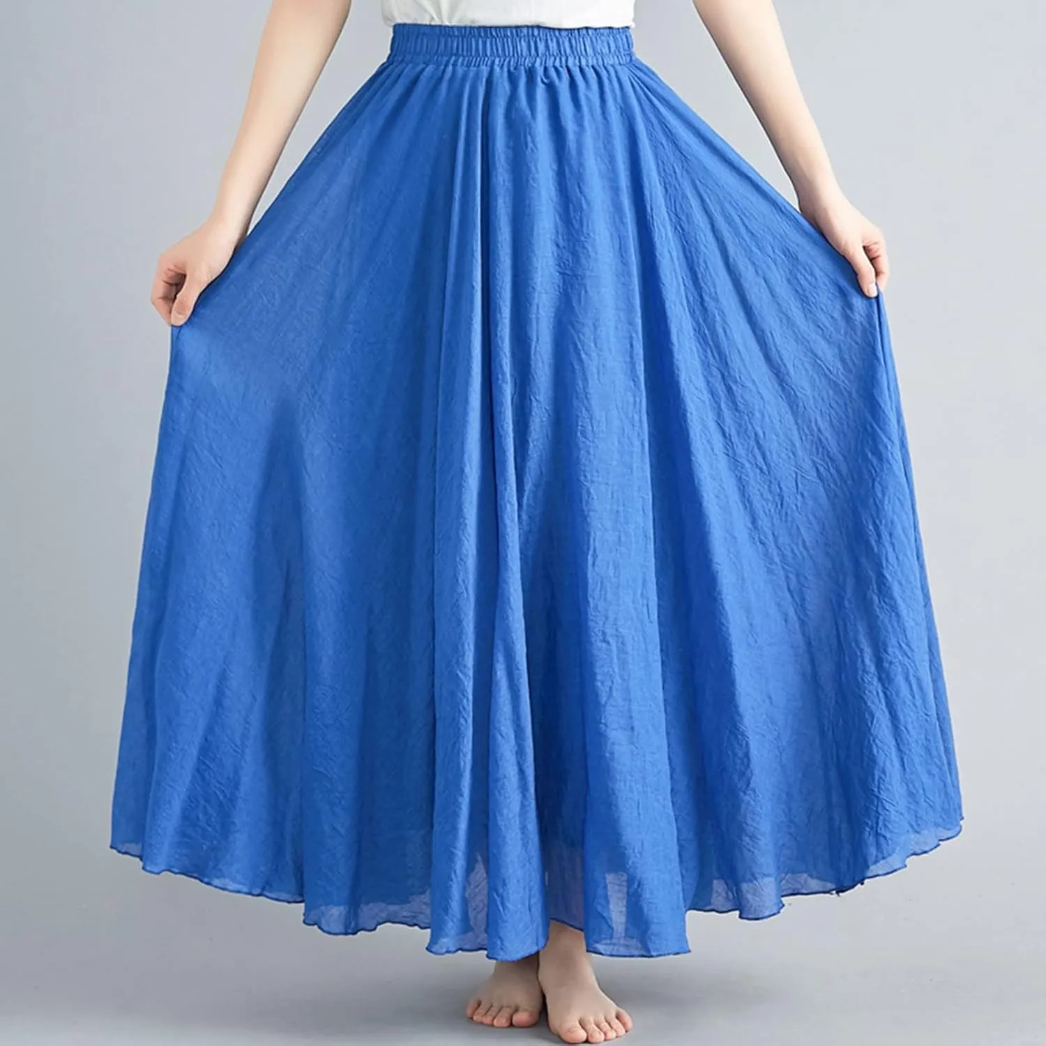 Women's Bohemian Style Elastic Waist Band Flowy Full Circle Cotton Linen Long Maxi Casual Beach Skirt Dress