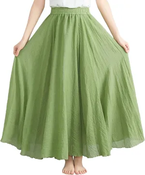 Women's Bohemian Style Elastic Waist Band Flowy Full Circle Cotton Linen Long Maxi Casual Beach Skirt Dress