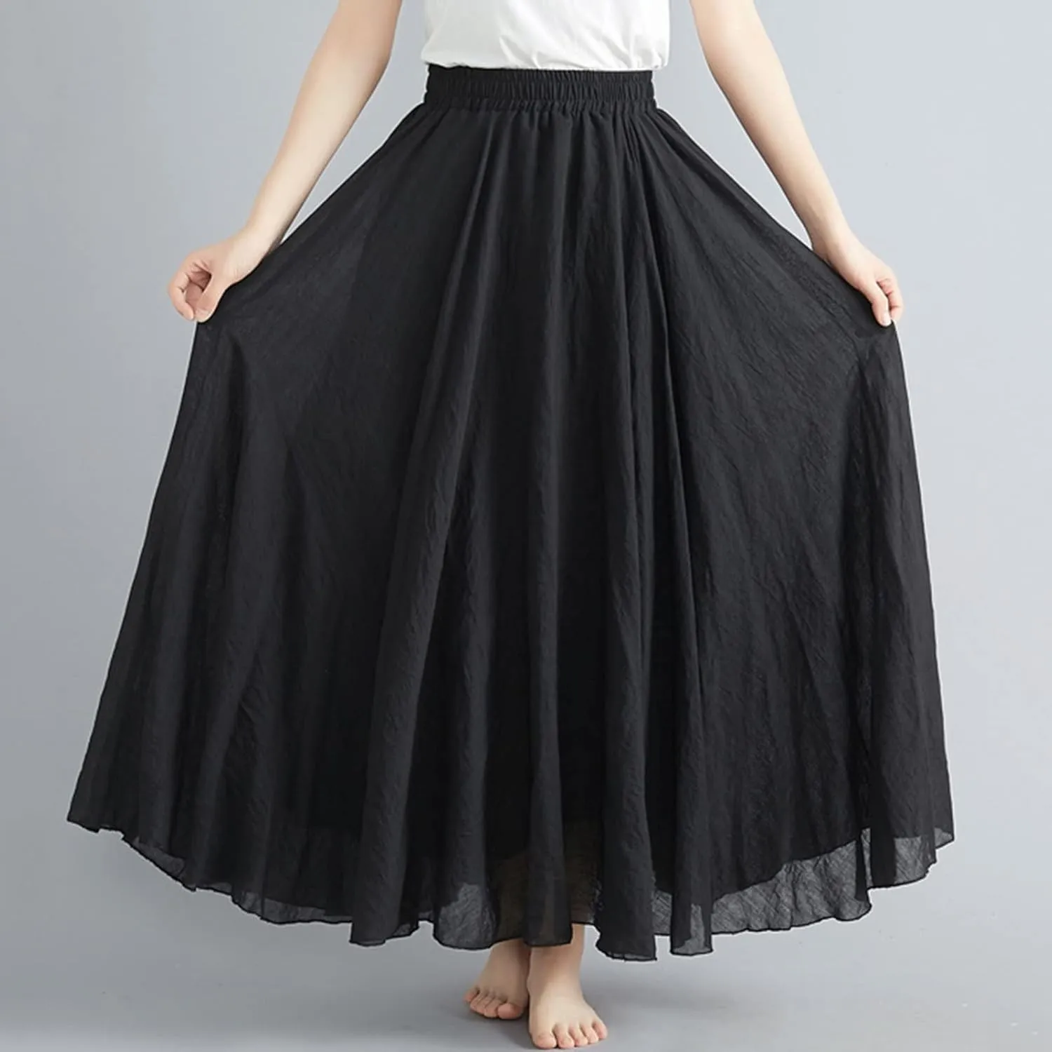 Women's Bohemian Style Elastic Waist Band Flowy Full Circle Cotton Linen Long Maxi Casual Beach Skirt Dress