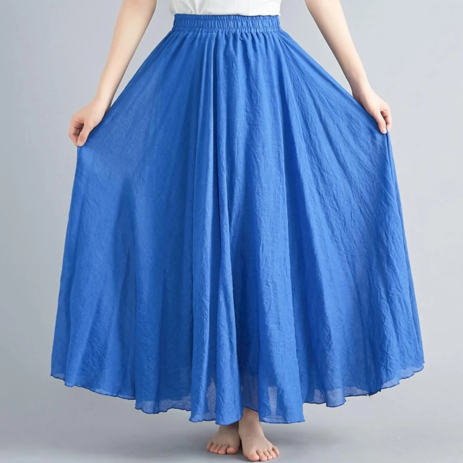 Women's Bohemian Style Elastic Waist Band Flowy Full Circle Cotton Linen Long Maxi Casual Beach Skirt Dress