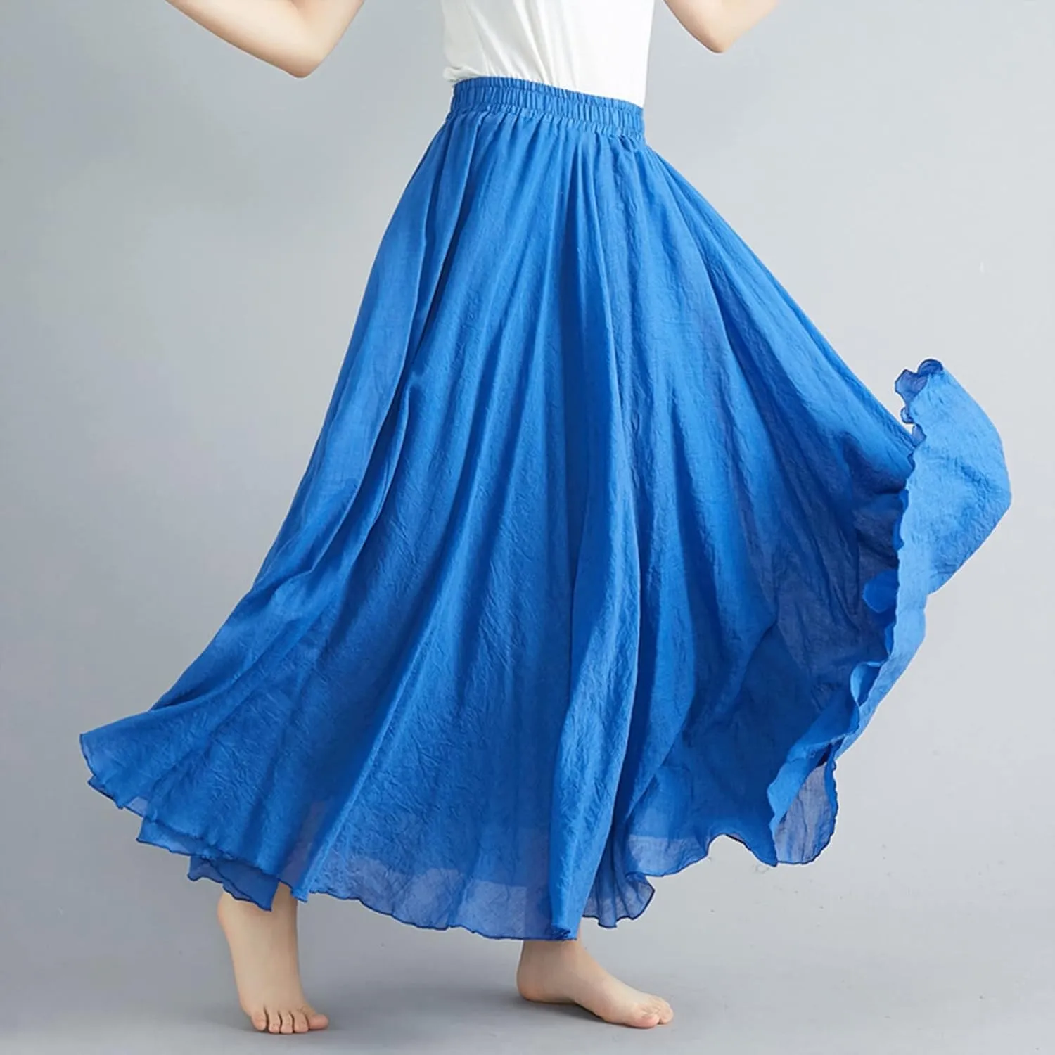 Women's Bohemian Style Elastic Waist Band Flowy Full Circle Cotton Linen Long Maxi Casual Beach Skirt Dress