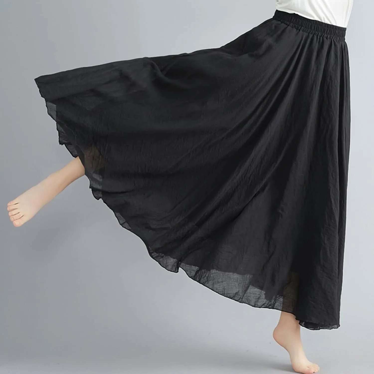 Women's Bohemian Style Elastic Waist Band Flowy Full Circle Cotton Linen Long Maxi Casual Beach Skirt Dress