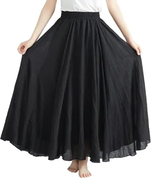 Women's Bohemian Style Elastic Waist Band Flowy Full Circle Cotton Linen Long Maxi Casual Beach Skirt Dress