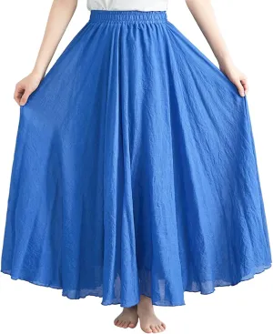 Women's Bohemian Style Elastic Waist Band Flowy Full Circle Cotton Linen Long Maxi Casual Beach Skirt Dress
