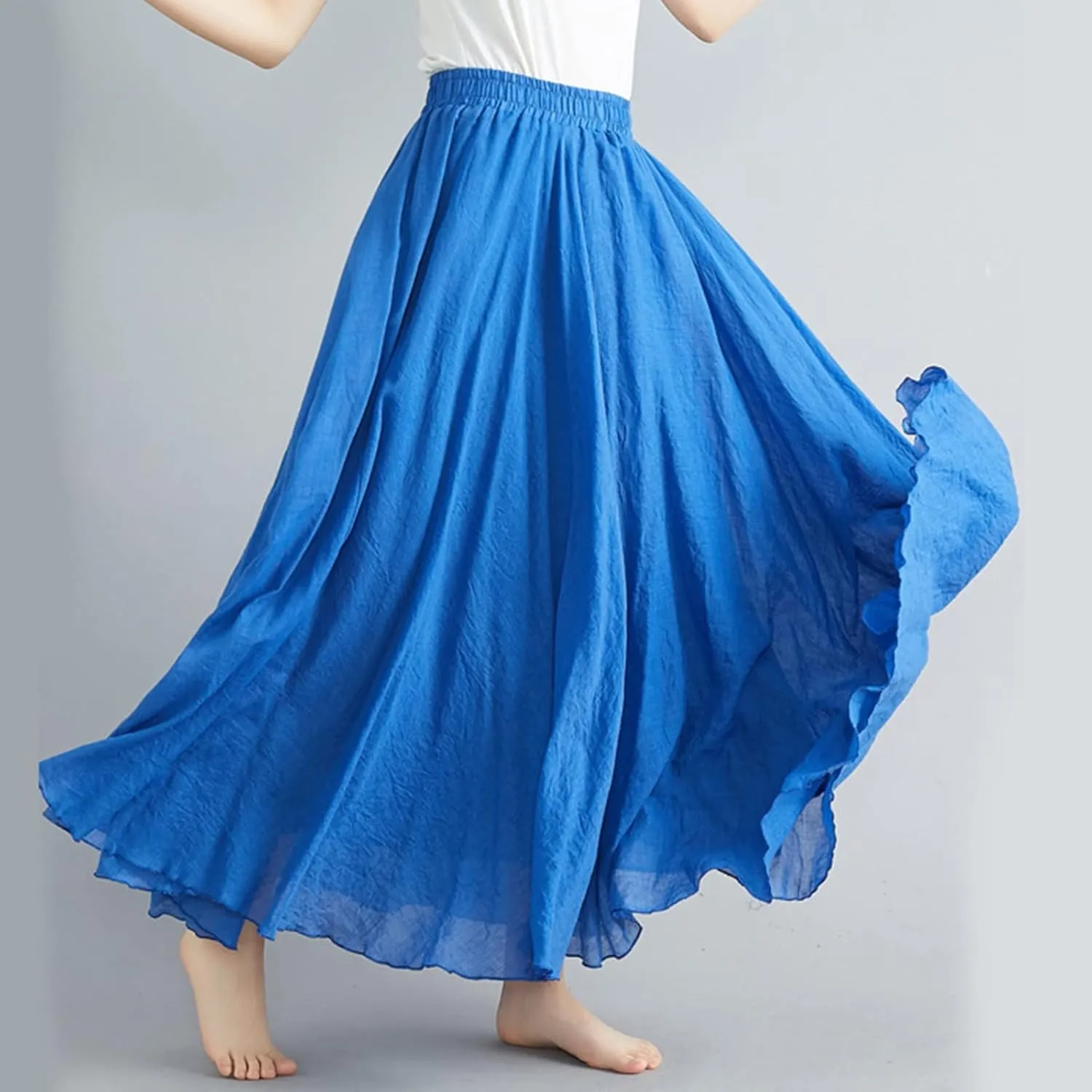 Women's Bohemian Style Elastic Waist Band Flowy Full Circle Cotton Linen Long Maxi Casual Beach Skirt Dress