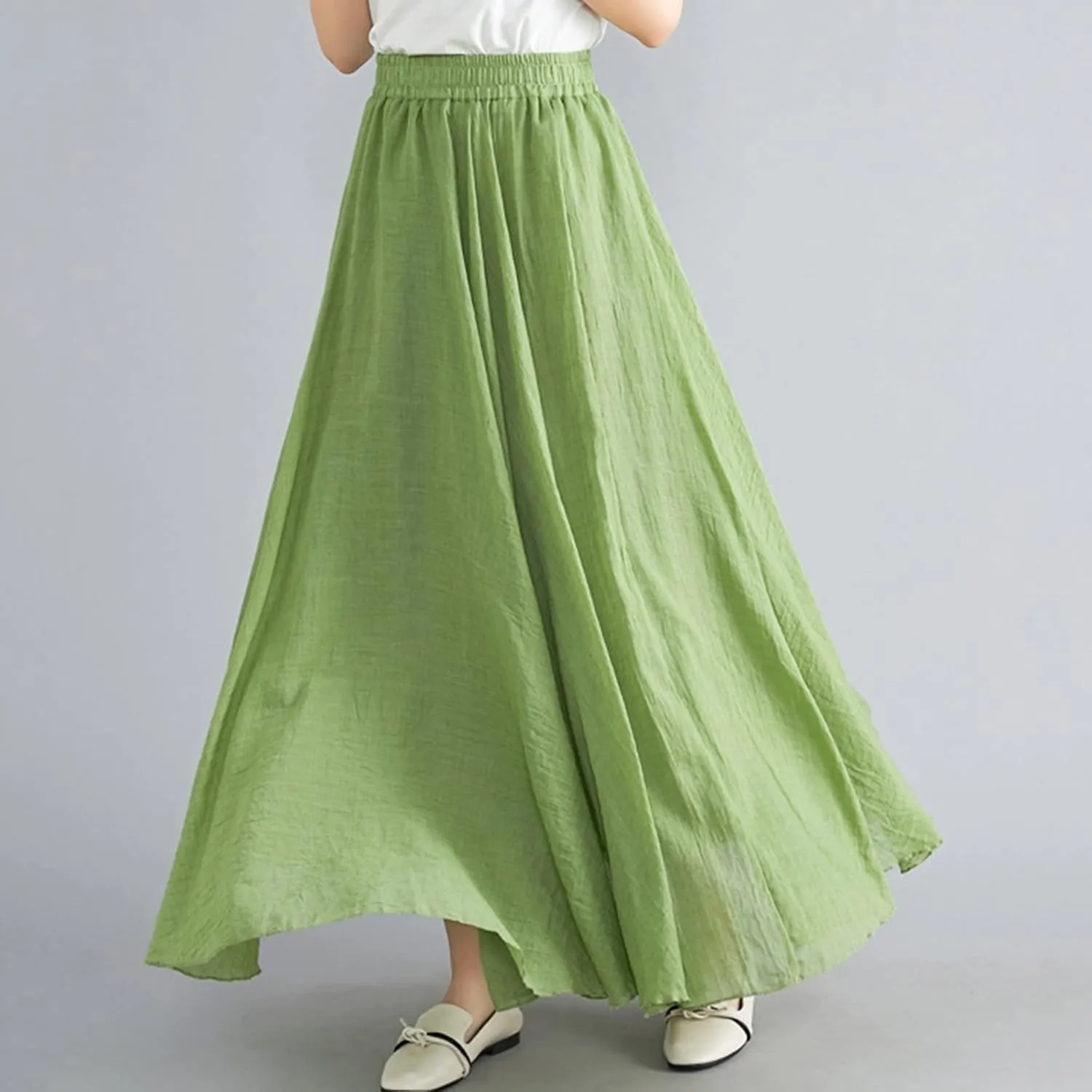 Women's Bohemian Style Elastic Waist Band Flowy Full Circle Cotton Linen Long Maxi Casual Beach Skirt Dress