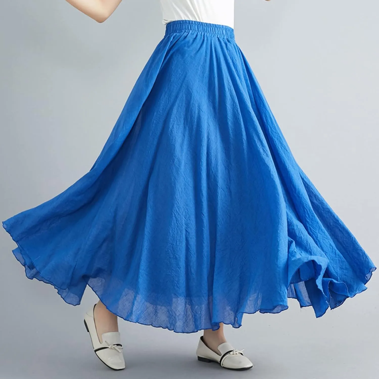 Women's Bohemian Style Elastic Waist Band Flowy Full Circle Cotton Linen Long Maxi Casual Beach Skirt Dress