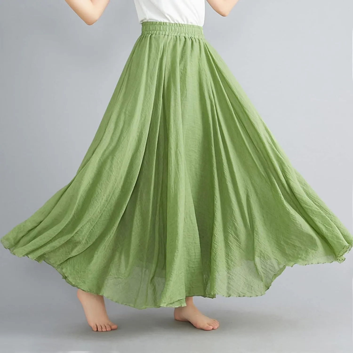Women's Bohemian Style Elastic Waist Band Flowy Full Circle Cotton Linen Long Maxi Casual Beach Skirt Dress