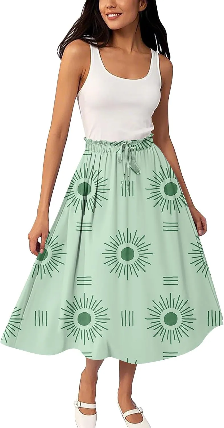 Womens Boho A-line Midi Skirts High Waist Drawstring Summer Hawaiian Floral Print Flowy Long Skirt Casual Business
