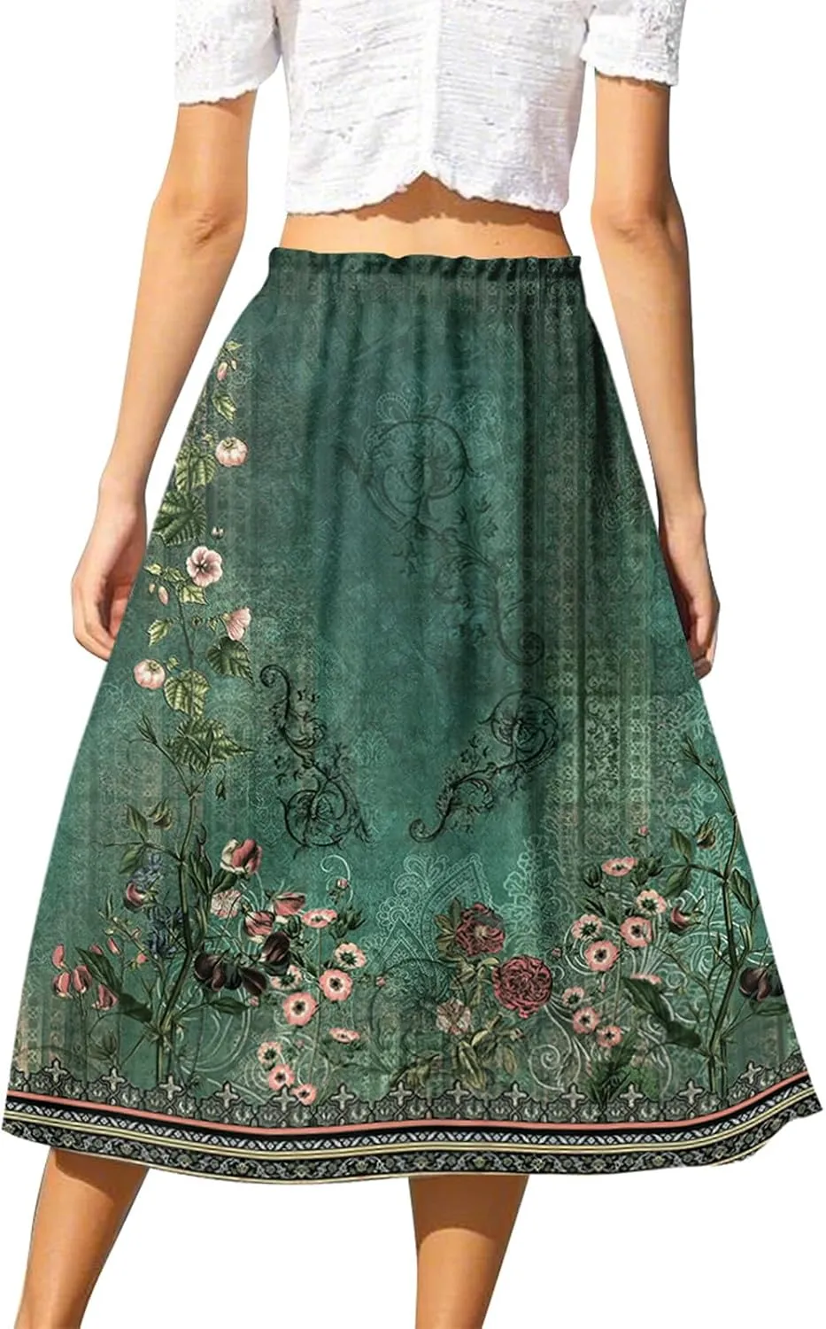 Womens Boho A-line Midi Skirts High Waist Drawstring Summer Hawaiian Floral Print Flowy Long Skirt Casual Business