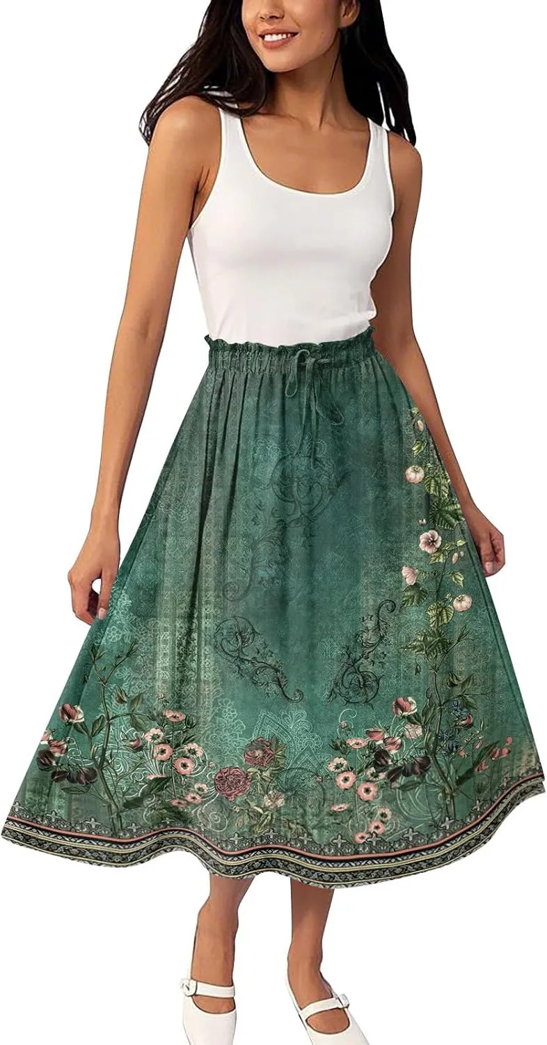 Womens Boho A-line Midi Skirts High Waist Drawstring Summer Hawaiian Floral Print Flowy Long Skirt Casual Business