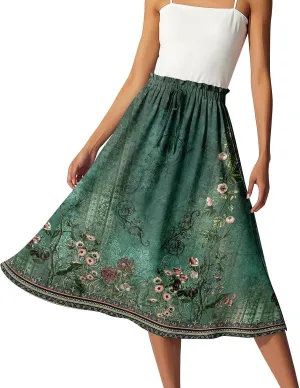 Womens Boho A-line Midi Skirts High Waist Drawstring Summer Hawaiian Floral Print Flowy Long Skirt Casual Business