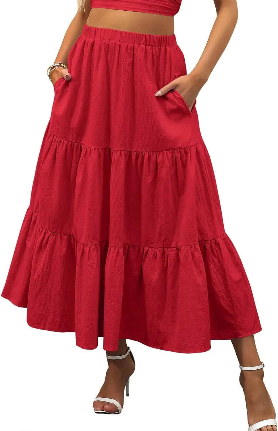 Womens Boho Bohemian Flowy Midi Long Summer Skirts Plus Size Elastic Waist Maxi Skirt Pleated Long Beach Dress