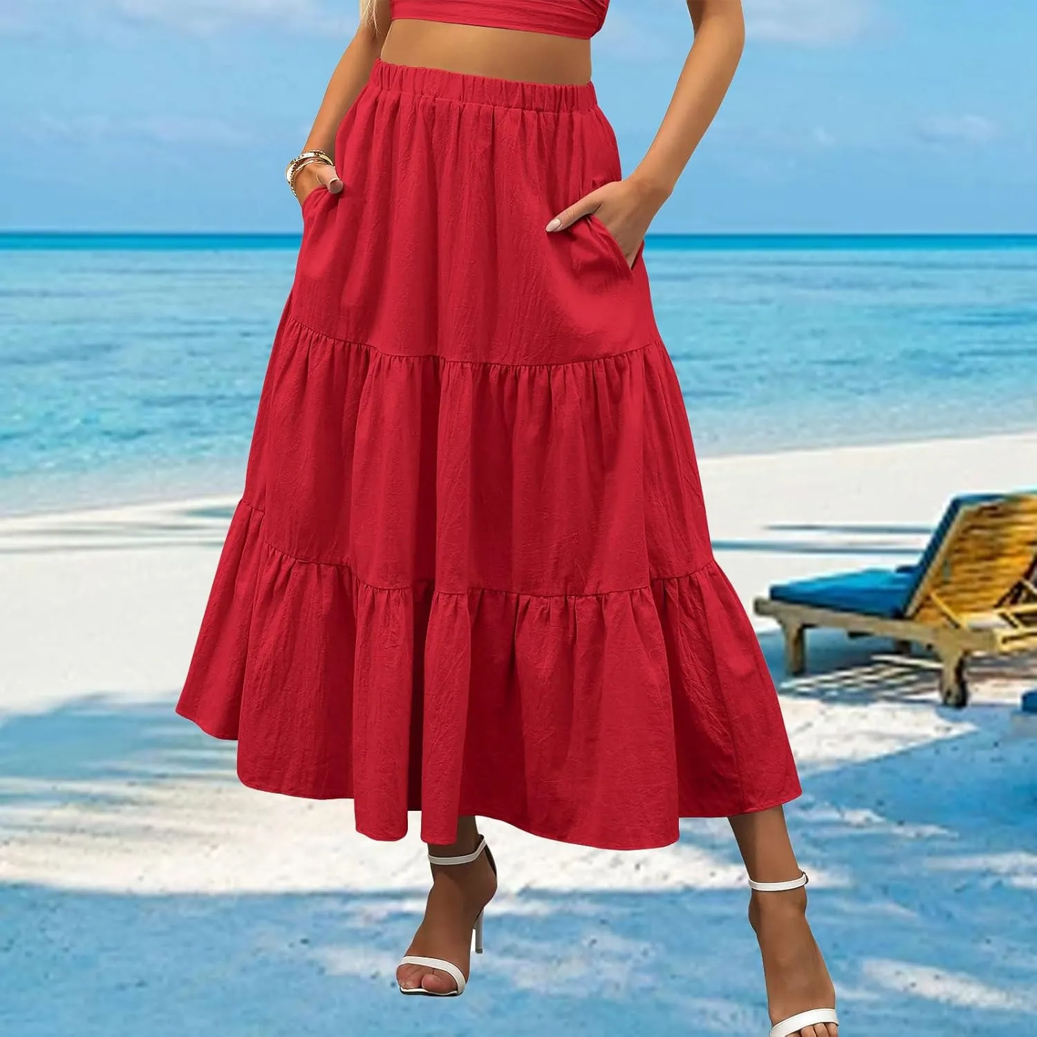Womens Boho Bohemian Flowy Midi Long Summer Skirts Plus Size Elastic Waist Maxi Skirt Pleated Long Beach Dress