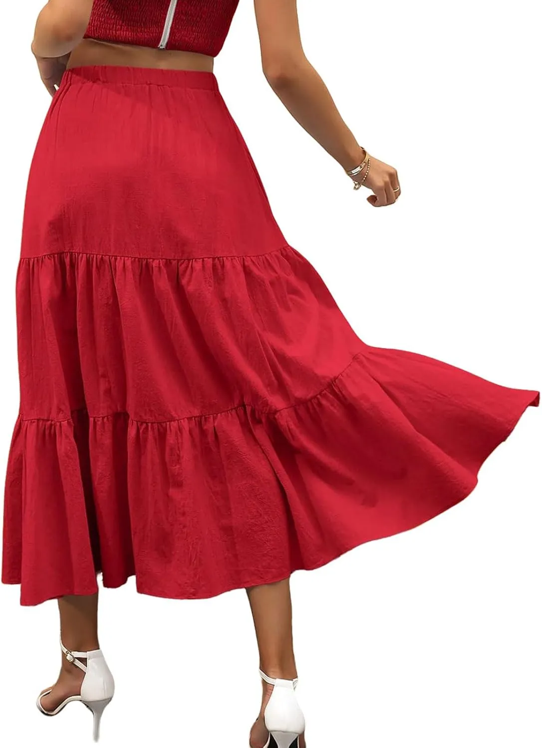 Womens Boho Bohemian Flowy Midi Long Summer Skirts Plus Size Elastic Waist Maxi Skirt Pleated Long Beach Dress