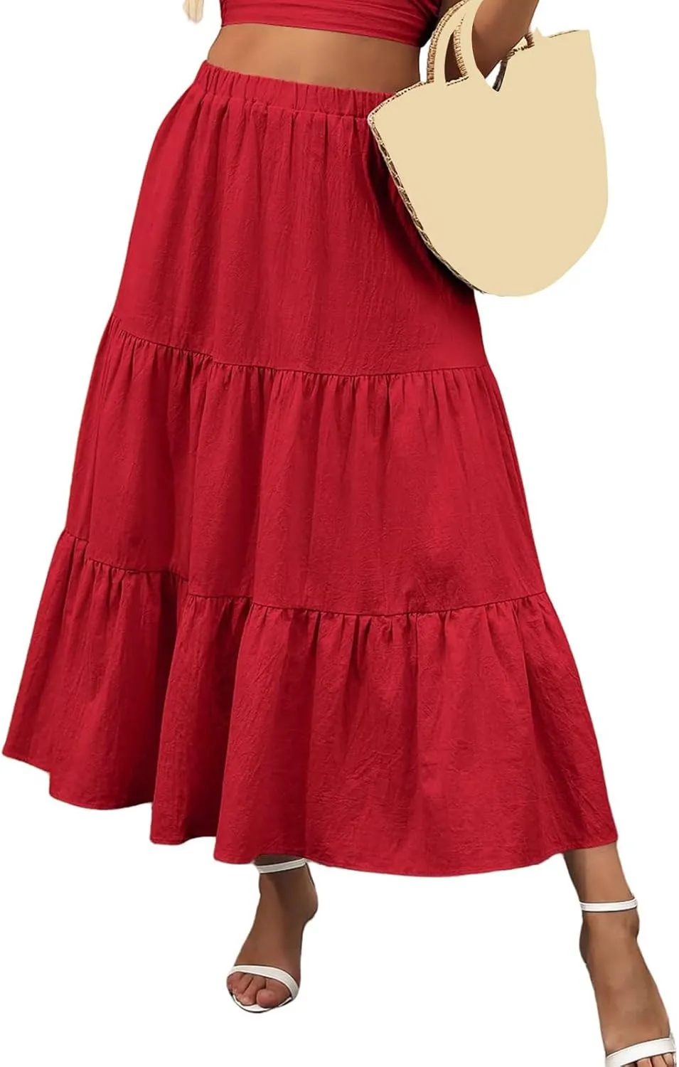 Womens Boho Bohemian Flowy Midi Long Summer Skirts Plus Size Elastic Waist Maxi Skirt Pleated Long Beach Dress