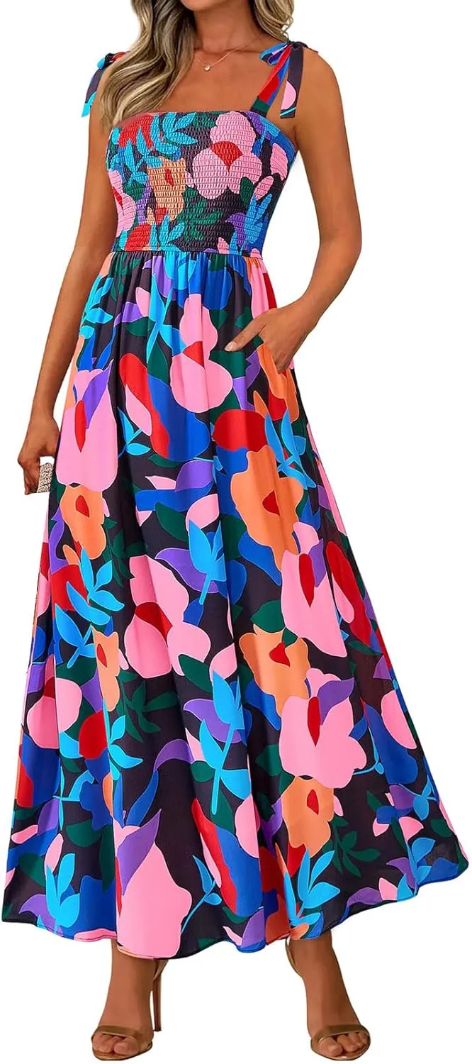 Womens Boho Dresses Spaghetti Strap Smocked Maxi Dress A Line Flowy Dresses Summer Beach Long Sundress