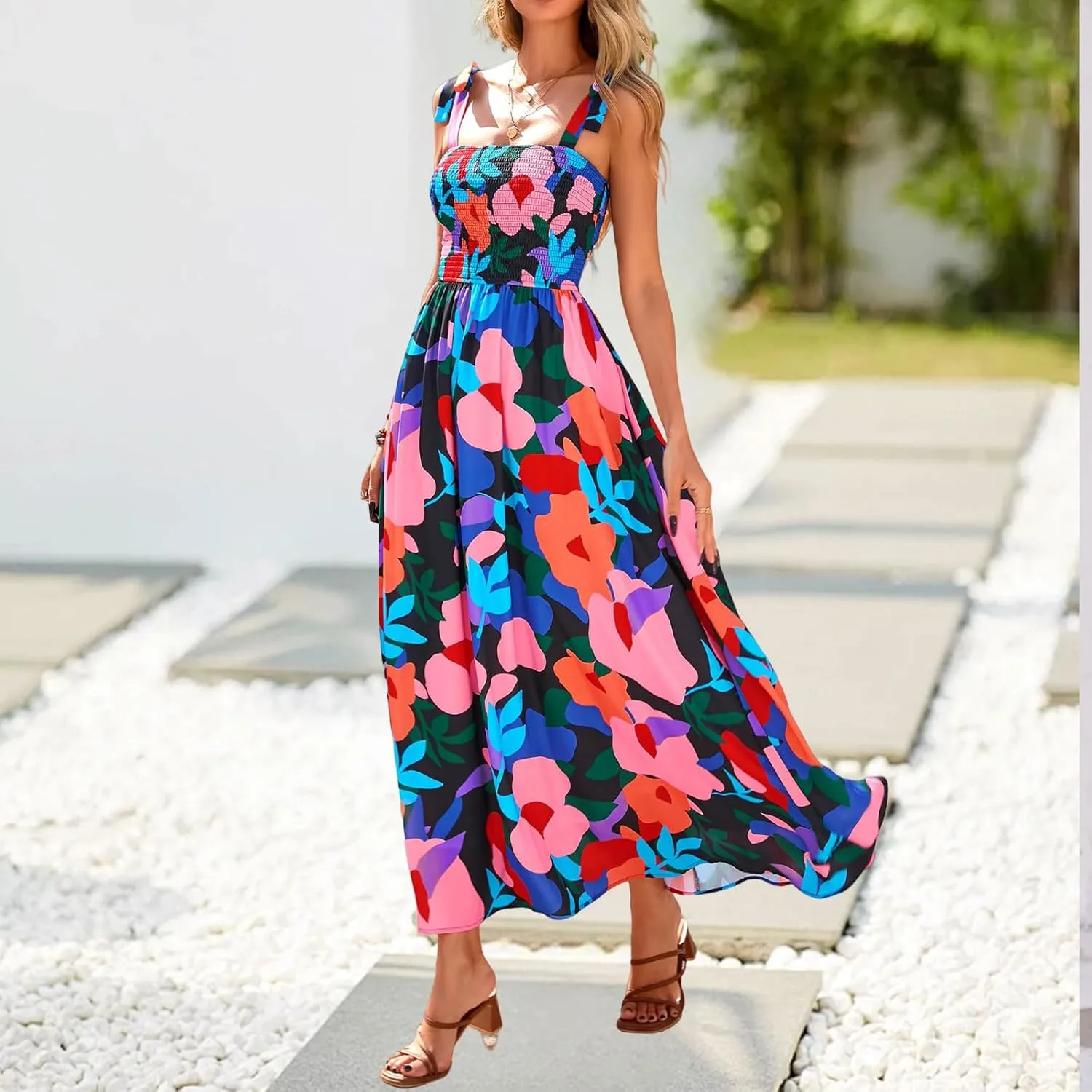 Womens Boho Dresses Spaghetti Strap Smocked Maxi Dress A Line Flowy Dresses Summer Beach Long Sundress