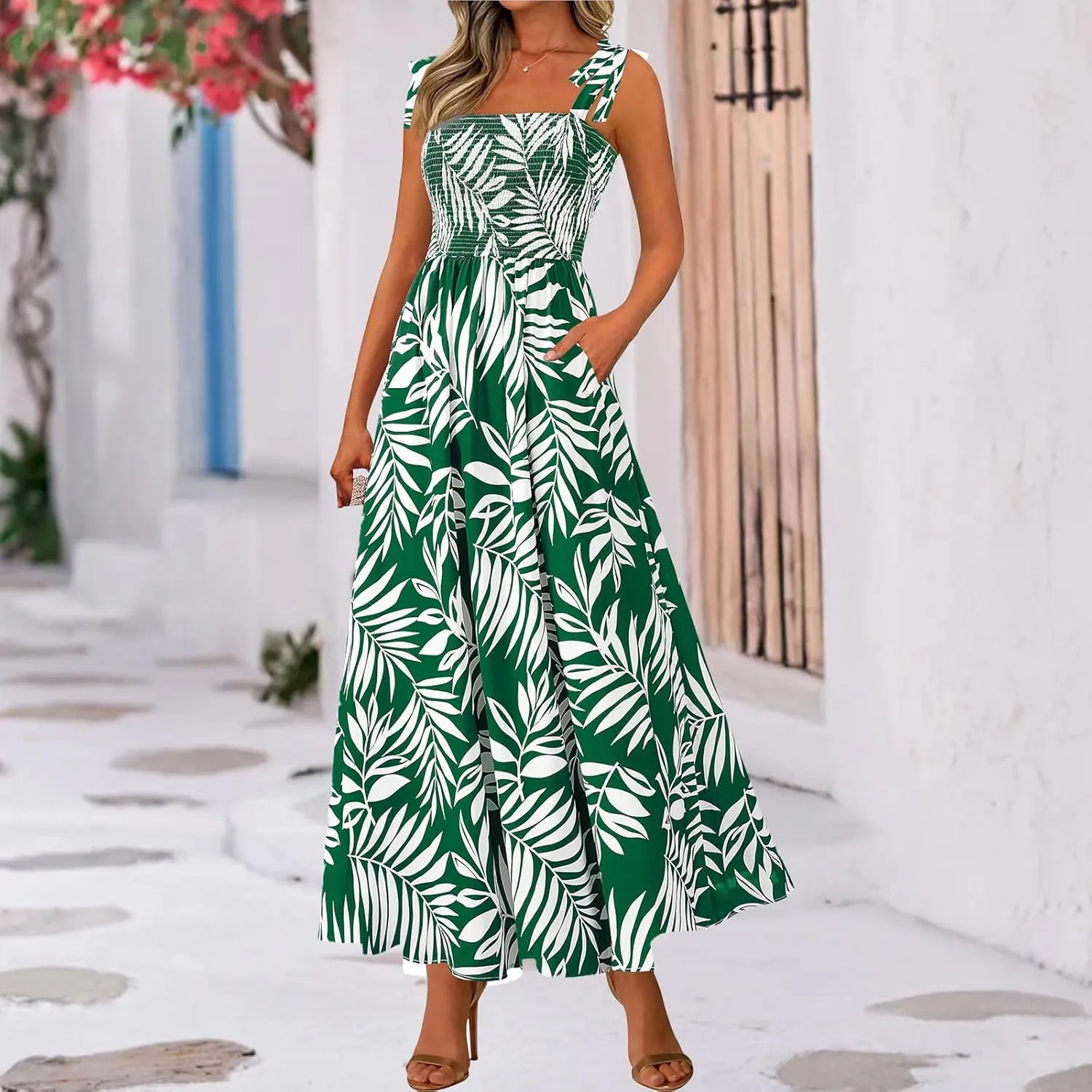 Womens Boho Dresses Spaghetti Strap Smocked Maxi Dress A Line Flowy Dresses Summer Beach Long Sundress