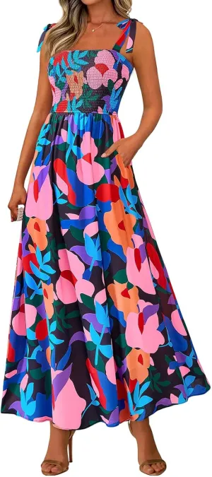 Womens Boho Dresses Spaghetti Strap Smocked Maxi Dress A Line Flowy Dresses Summer Beach Long Sundress