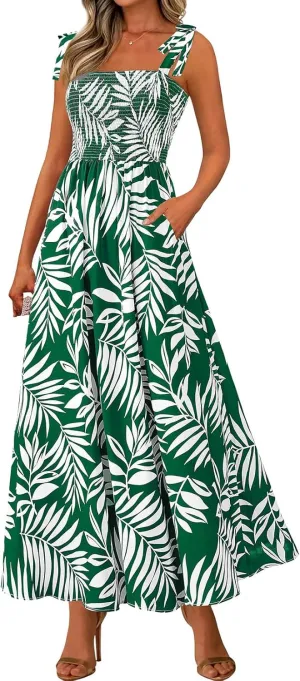 Womens Boho Dresses Spaghetti Strap Smocked Maxi Dress A Line Flowy Dresses Summer Beach Long Sundress