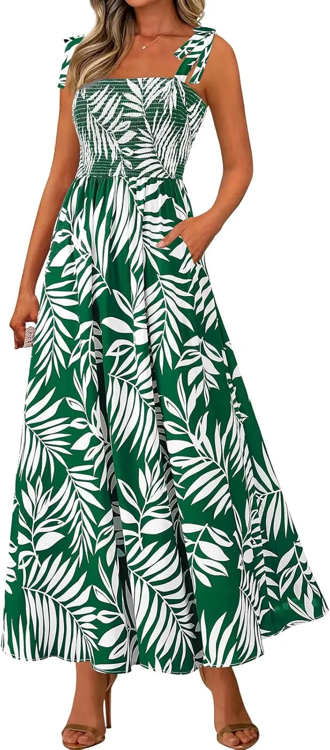 Womens Boho Dresses Spaghetti Strap Smocked Maxi Dress A Line Flowy Dresses Summer Beach Long Sundress