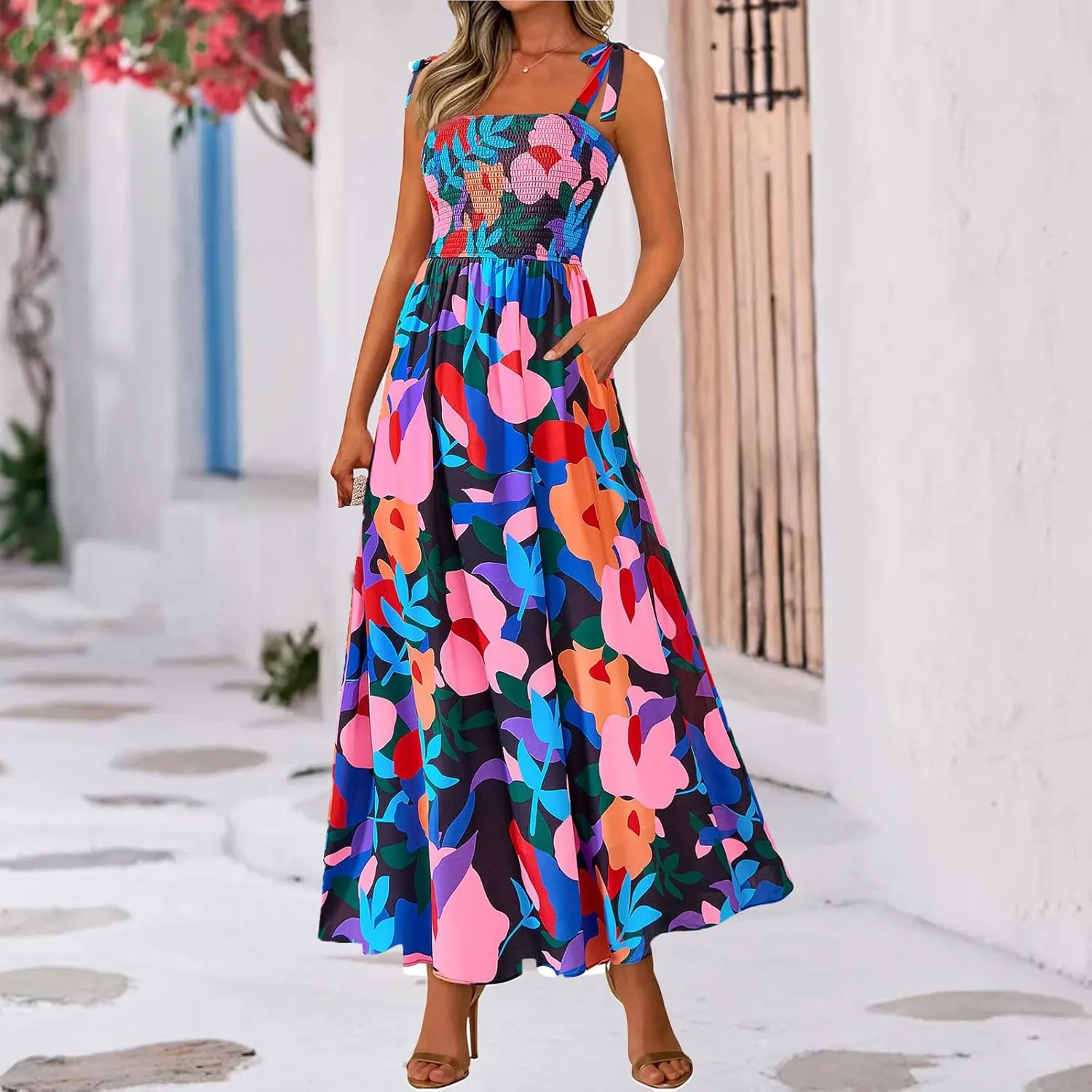 Womens Boho Dresses Spaghetti Strap Smocked Maxi Dress A Line Flowy Dresses Summer Beach Long Sundress