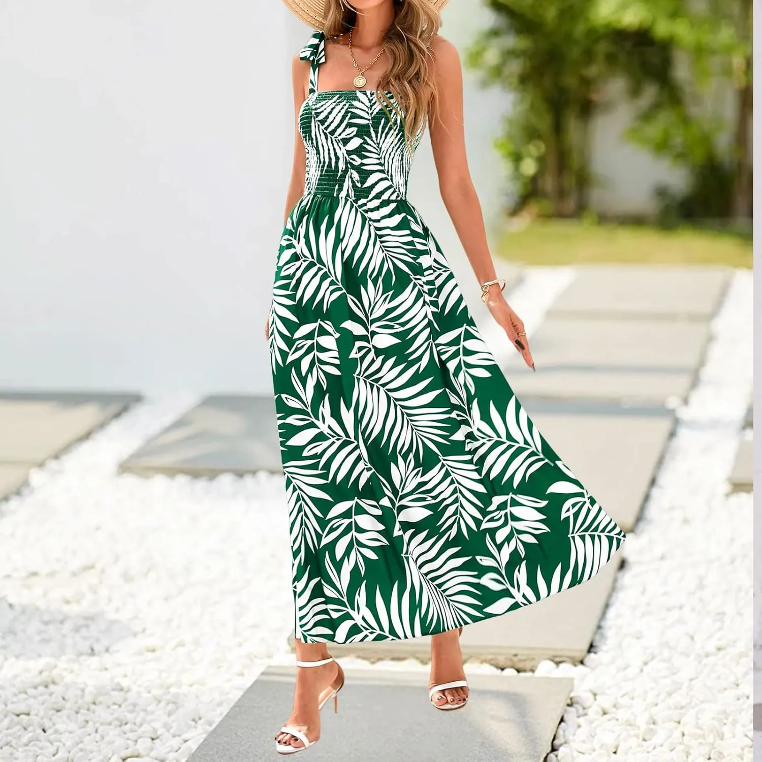 Womens Boho Dresses Spaghetti Strap Smocked Maxi Dress A Line Flowy Dresses Summer Beach Long Sundress