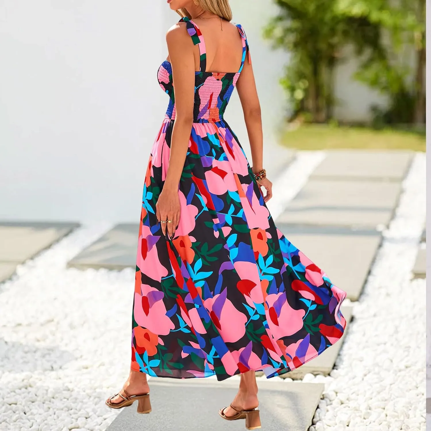Womens Boho Dresses Spaghetti Strap Smocked Maxi Dress A Line Flowy Dresses Summer Beach Long Sundress