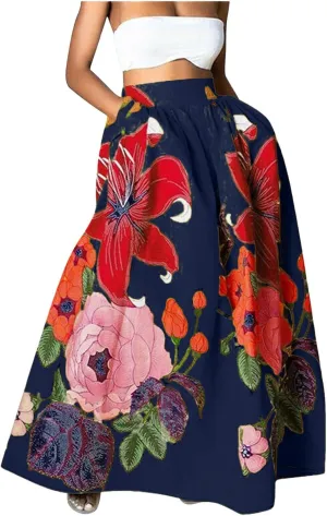 Womens Boho Long Skirts Pleated Maxi Dress Casual Plus Size Summer Cute Tiered Beach Vacation Skirt with Pockets