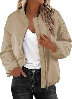 Women's Bomber Jacket Lightweight Zip-Up Casual Coat with Pockets Trendy Outerwear for Fall and Spring