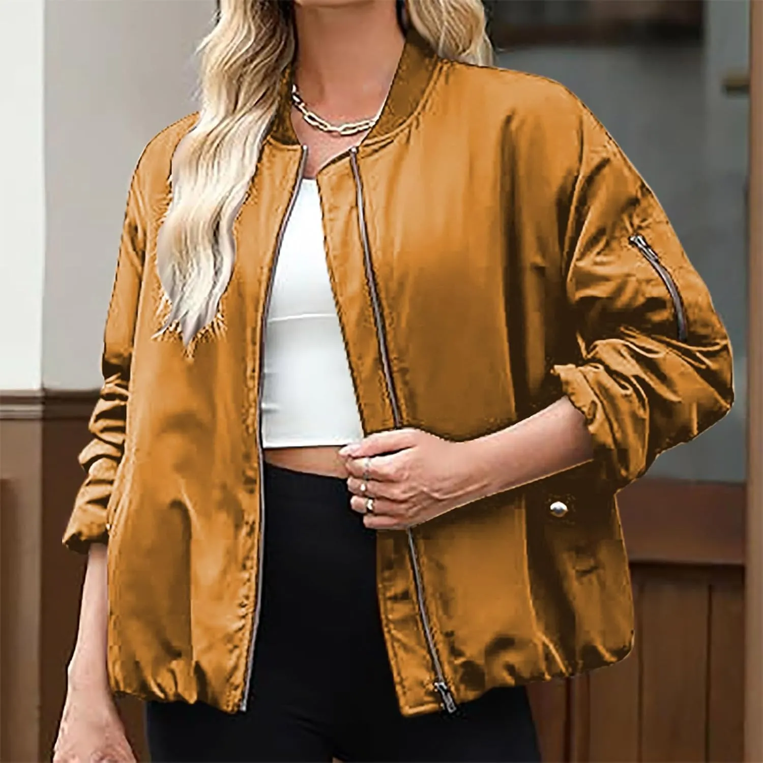Women's Bomber Jacket Lightweight Zip-Up Casual Coat with Pockets Trendy Outerwear for Fall and Spring