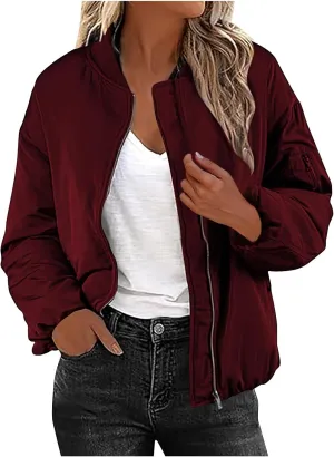 Women's Bomber Jacket Lightweight Zip-Up Casual Coat with Pockets Trendy Outerwear for Fall and Spring