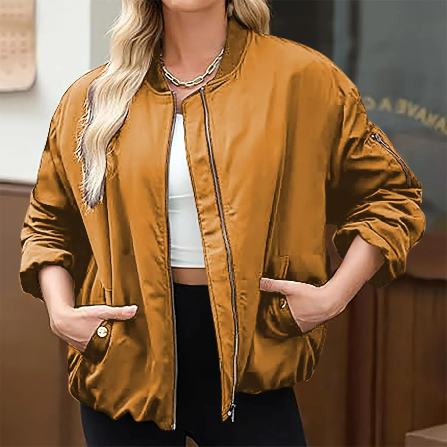 Women's Bomber Jacket Lightweight Zip-Up Casual Coat with Pockets Trendy Outerwear for Fall and Spring