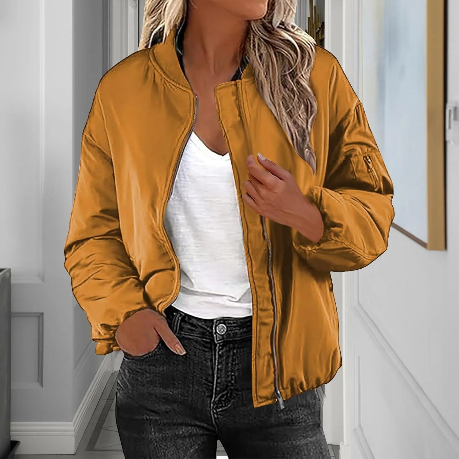 Women's Bomber Jacket Lightweight Zip-Up Casual Coat with Pockets Trendy Outerwear for Fall and Spring