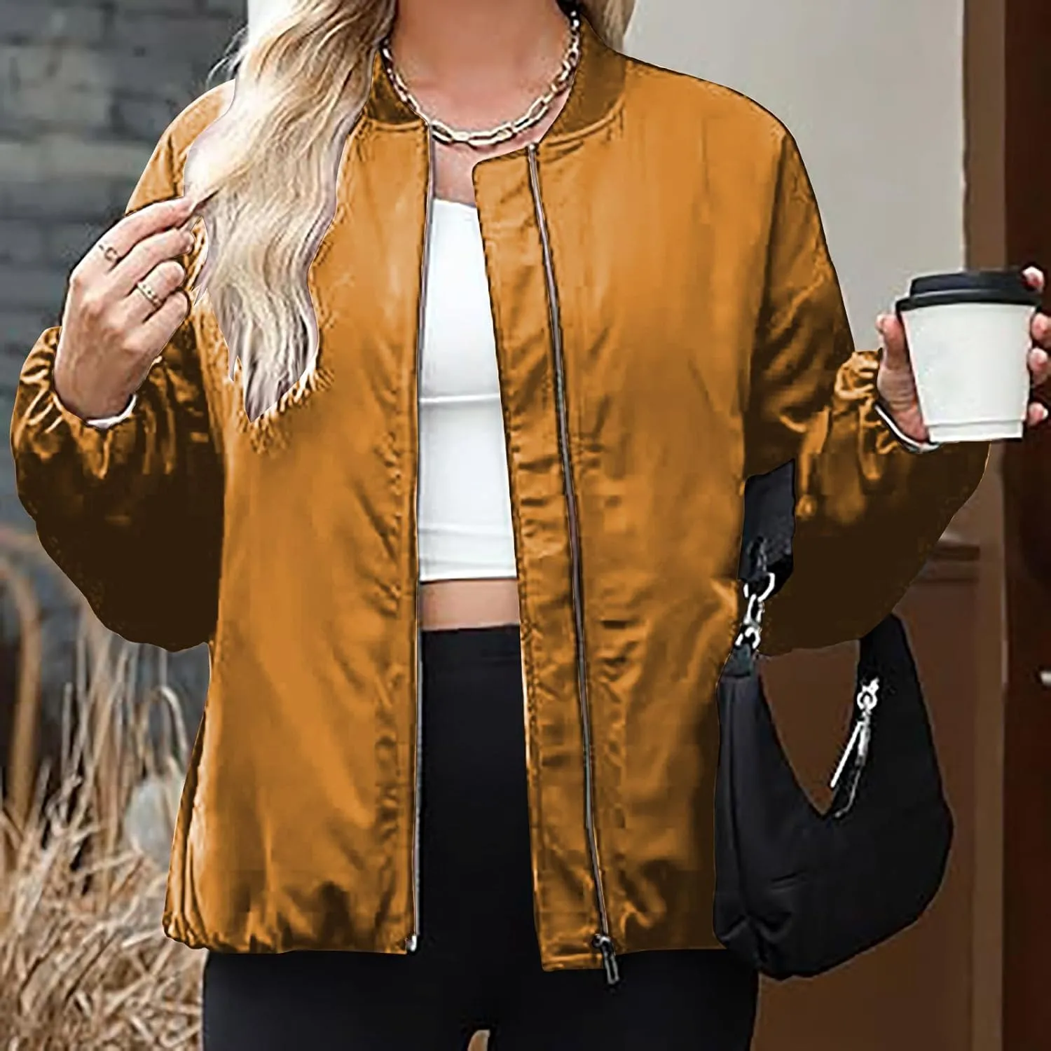 Women's Bomber Jacket Lightweight Zip-Up Casual Coat with Pockets Trendy Outerwear for Fall and Spring