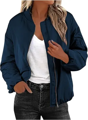 Women's Bomber Jacket Lightweight Zip-Up Casual Coat with Pockets Trendy Outerwear for Fall and Spring