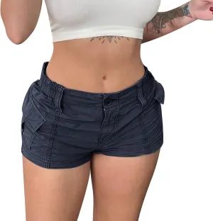 Womens Cargo Jeans Front Button Elastic Waist Skinny Sexy Denim Shorts Trendy Stretch Vacation Rave Booty Jort Short
