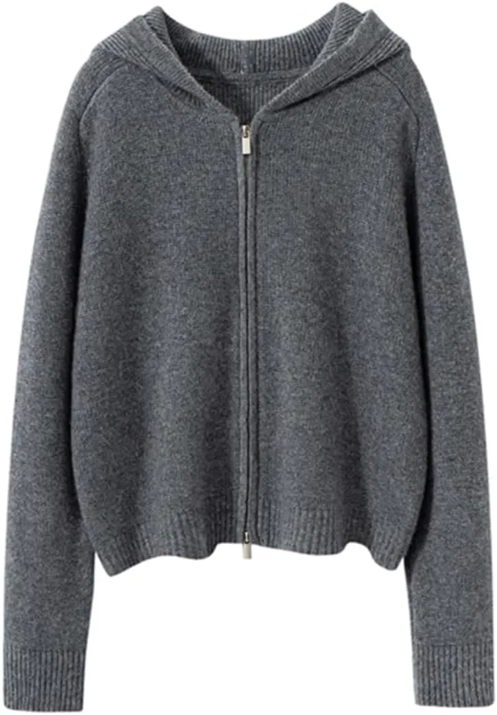 Women's Cashmere Zip Up Hoodies Cardigan Sweater Knitted Ribbed Fall Outerwear