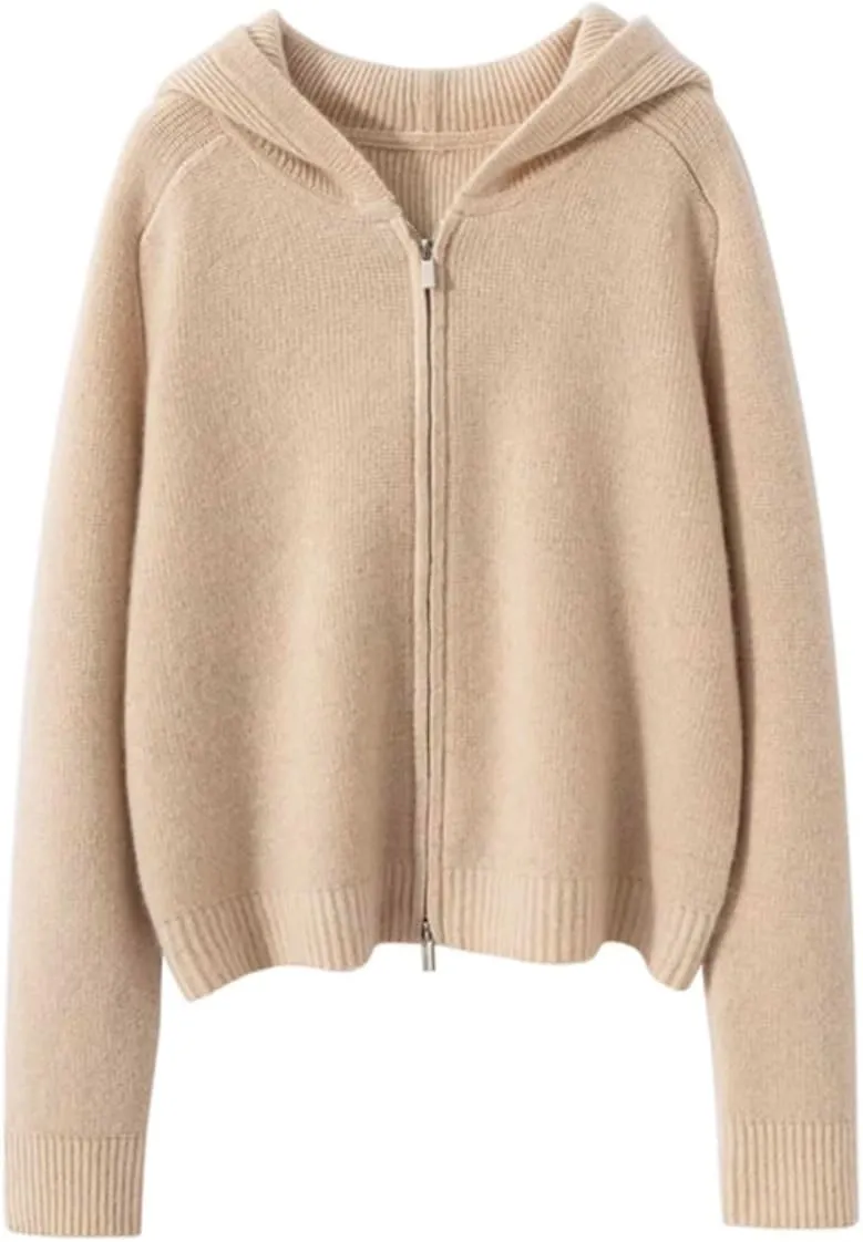 Women's Cashmere Zip Up Hoodies Cardigan Sweater Knitted Ribbed Fall Outerwear