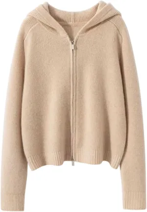 Women's Cashmere Zip Up Hoodies Cardigan Sweater Knitted Ribbed Fall Outerwear