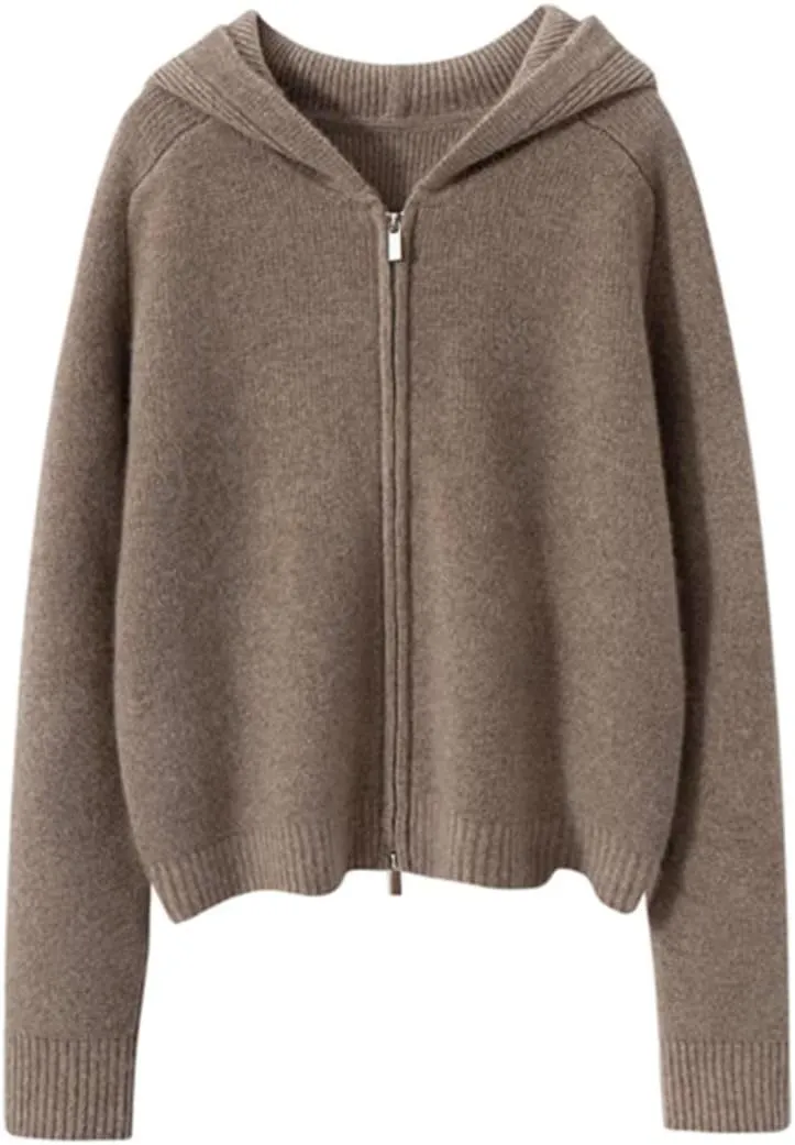 Women's Cashmere Zip Up Hoodies Cardigan Sweater Knitted Ribbed Fall Outerwear